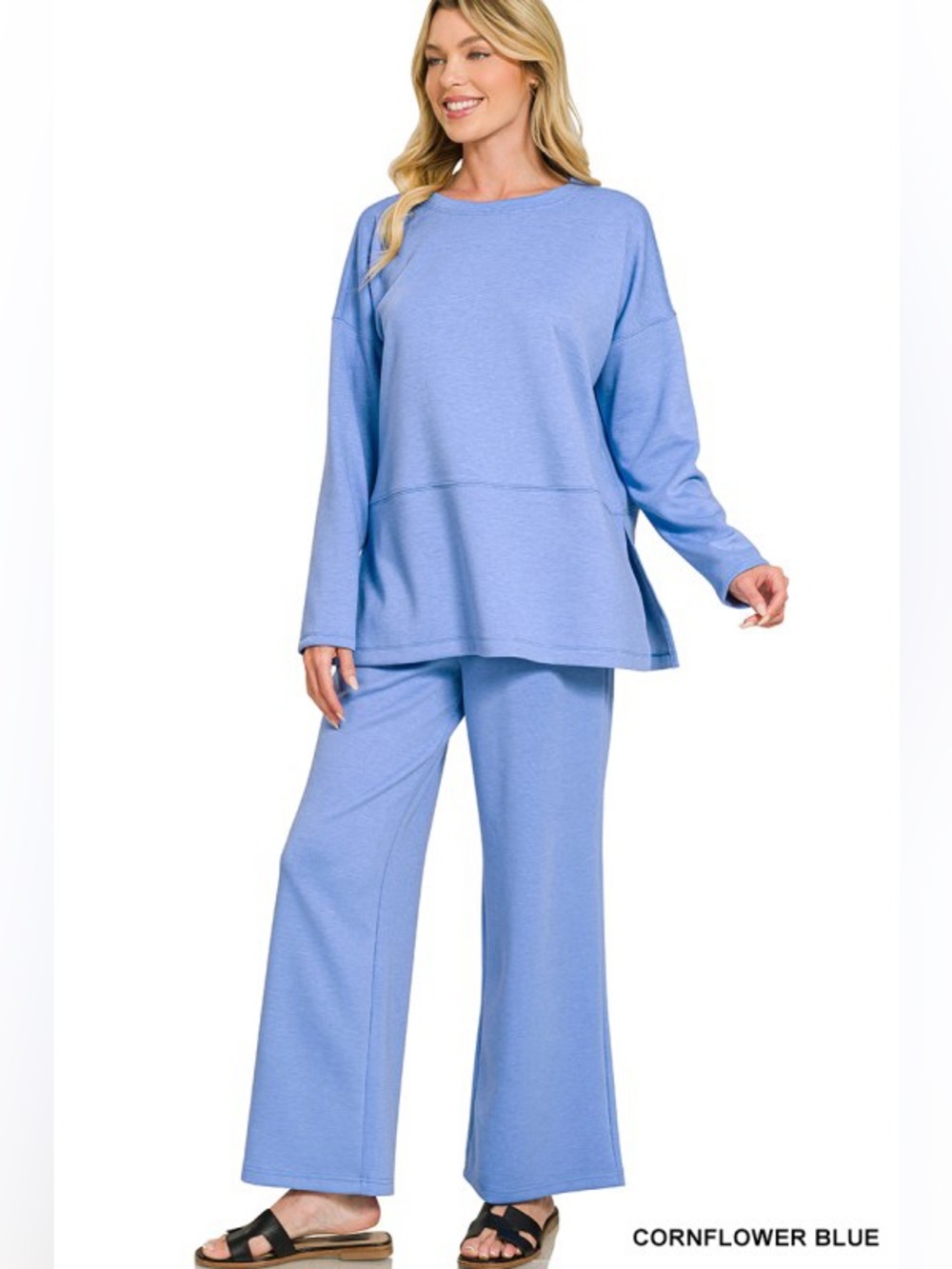 NWT Zenana 2pc Set Cornflower Blue Super Soft
SCUBA SIDE SLIT TOP &
PANTS SET